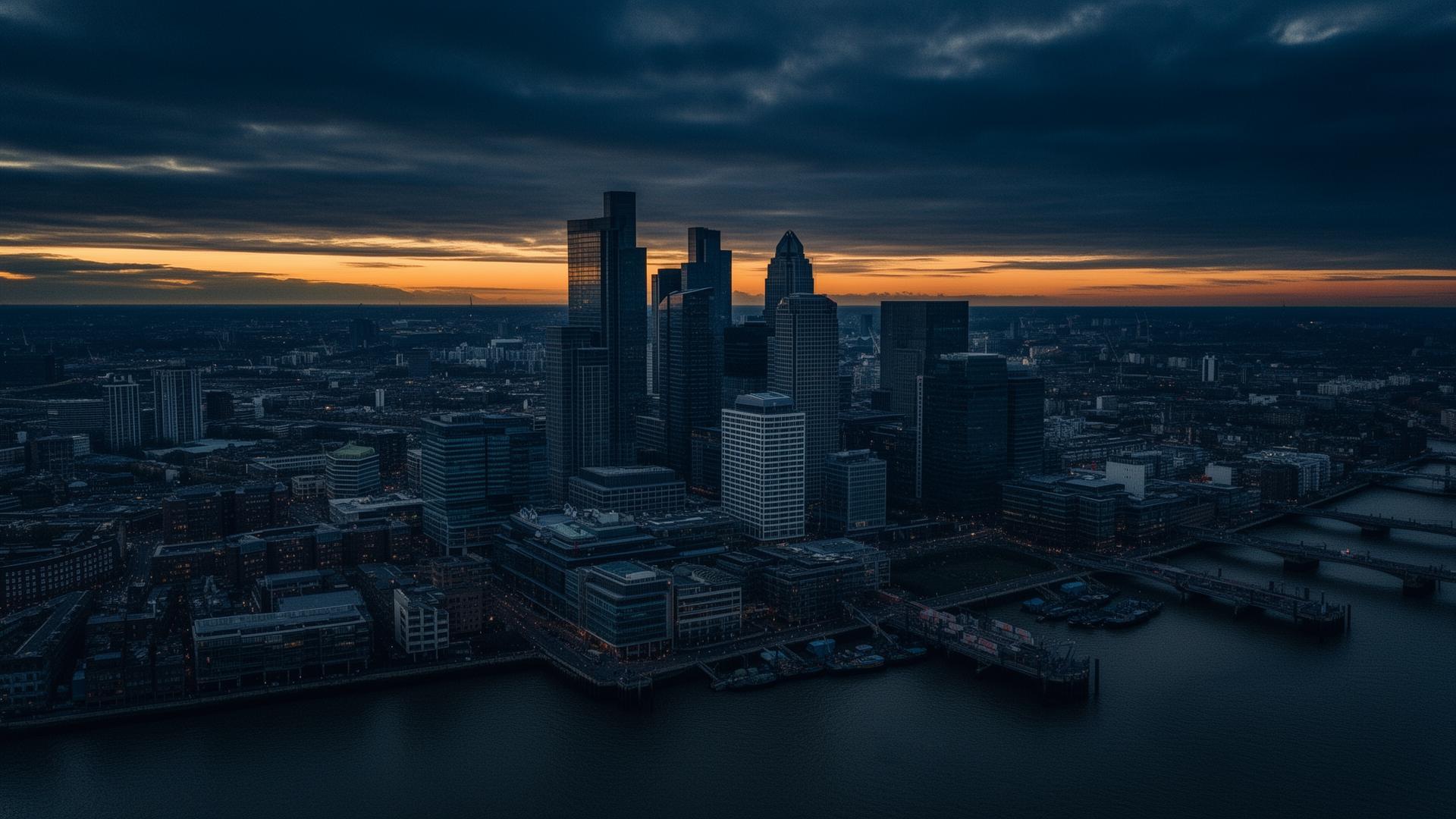 Canary Wharf skyline at dusk seen from across the Thames